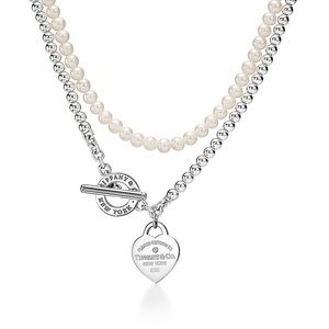 Tiffany & Co. Cultured Pearl and Sterling Heart Tag Double Necklace